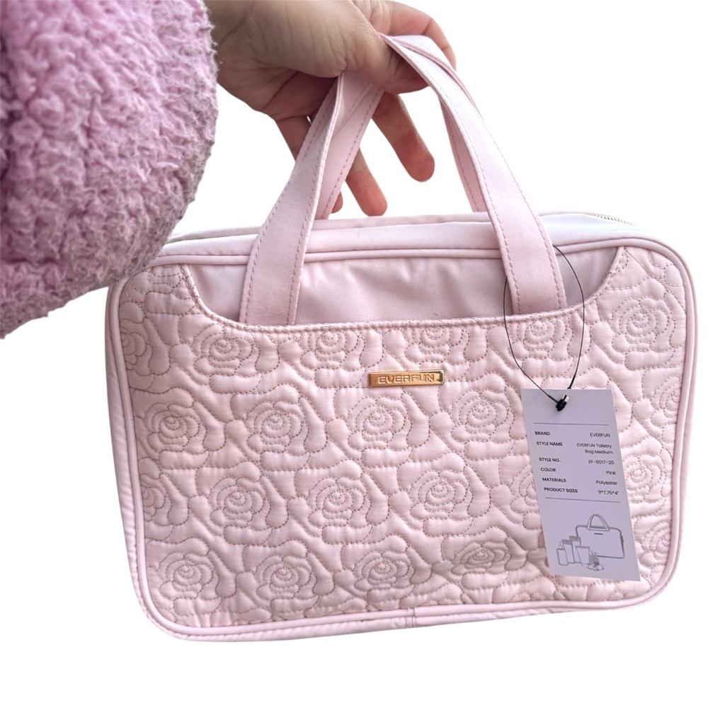Everfun Light Pink Girly Rose Flower Pattern Travel Hanging Makeup Storage